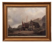 HENRY SMARTLY (act 1839-1849) Coastal scene with fisherfolk by a cottage oil on canvas, signed and