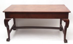 Good yew or fruitwood centre table, four plank top over a plain frieze with four supports with swept