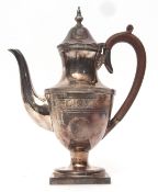 Elizabeth II coffee pot, the urn shaped body with hinged and domed cover with cast and applied