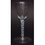 Late 18th century wine glass with conical bowl, opaque twist spiral stem and spreading circular