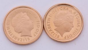 UK: 2014 and 2015 limited edition quarter sovereign proofs together with their original cases of