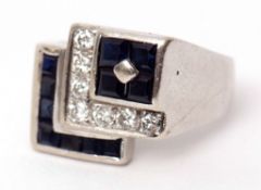 Art Deco style sapphire and diamond cocktail ring, a design of three overlapping square boxes set