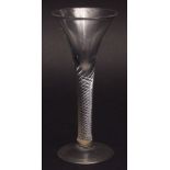 18th century wine glass, the bowl etched with a geometric floral motif on an air twist latticinio