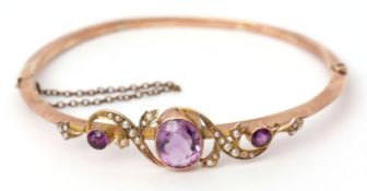 Edwardian 9ct gold amethyst and seed pearl bracelet having three central graduated amethyst in