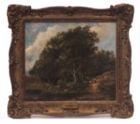 JOSEPH THORS (act 1863-1900) Wooded landscape with figure and sheep oil on canvas 18 x 20cms,