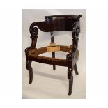 Regency mahogany bow back scroll armchair with shaped sabre front legs (needs upholstering), 59cms