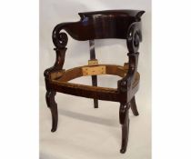 Regency mahogany bow back scroll armchair with shaped sabre front legs (needs upholstering), 59cms