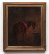 Attributed to Edward Robert Smythe, oil on canvas, Horse in blacksmith's forge, 34 x 29cms