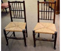 Set of six Lancashire style spindle back oak framed dining chairs with rush seats, comprises six