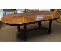 Mahogany D-end draw leaf dining table on X stretcher base to ring turned baluster legs, 234cms long