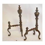 Pair of Georgian style steel urn formed fire dogs on three scrolling legs with etched detail,