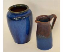 Denby ware vase with blue ground, together with a Denby jug, the vase 23cms high