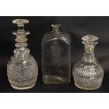 Group of two cut glass Regency period decanters and stoppers, together with a Georgian engraved