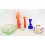 Group of assorted coloured glass wares including green glass fruit bowl, further bowl and four