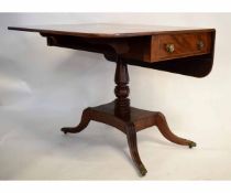Georgian mahogany pedestal Pembroke table with satinwood inlay fitted with single drawer to end with