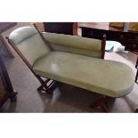 Edwardian mahogany chaise longue with green Dralon upholstered seat, back and arm, on square