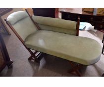 Edwardian mahogany chaise longue with green Dralon upholstered seat, back and arm, on square