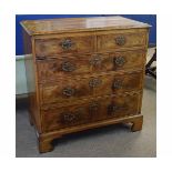 18th century oak chest of five drawers on bracket feet, 94cms wide