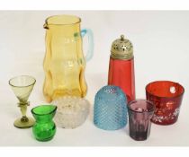 Group of Victorian and later coloured glass wares including cranberry sugar shaker, amber glass