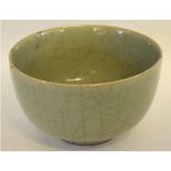 Large 18th century Chinese plain celadon crackle ware bowl, 25cms diam, cracks and repairs