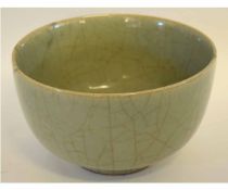 Large 18th century Chinese plain celadon crackle ware bowl, 25cms diam, cracks and repairs