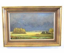 Shirley Carnt, signed oil on board, "Mustard field at Brancaster Staithe on a Spring morning,