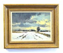 Ian Houston, signed oil on board, "Bawburgh in the snow", 25 x 35cms