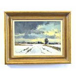 Ian Houston, signed oil on board, "Bawburgh in the snow", 25 x 35cms