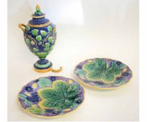 Minton Majolica vase and cover, with two handles (one a/f) and acorn knop, decorated with trailing