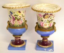 Pair of large 19th century campana shaped vases decorated in floral sprays in Derby style, the vases