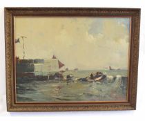 Geoffrey Chatten, signed and dated 81, oil on board, Boats off a harbour, 58 x 78cms