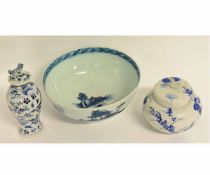 18th century English blue and white bowl decorated with cottages in landscape, riveted repair, 20cms