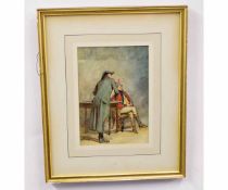 Attributed to Charles Spencelayh, watercolour, Two figures at a table, one wearing military uniform,