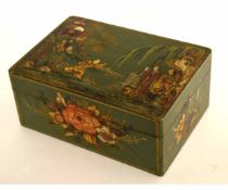 Early/mid-20th century Oriental green and gilt lacquered box, the lid depicting figures in a garden,