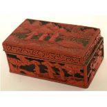 20th century Chinese cinnamon lacquer rectangular box and lid carved with figures in landscape,