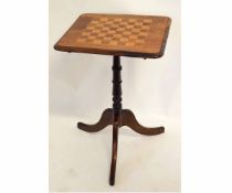 Pedestal games table, chequerboard top, ring turned support and tripod base, 51cms wide