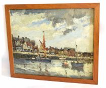 Jack Cox, signed oil on board, View of Wells with fishing boats, 50 x 60cms