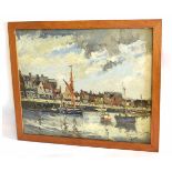 Jack Cox, signed oil on board, View of Wells with fishing boats, 50 x 60cms