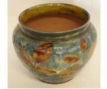 Lambeth Royal Doulton jardiniere with natural foliage leaf design of impressed leaves in brown on