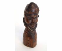 19th century treen carved male head of a bearded gent with a polka-dot overcoat, 15cms tall