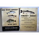 Two vintage card fish advertising boards with one stating "Do you Spin, then you'll be interested in