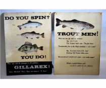 Two vintage card fish advertising boards with one stating "Do you Spin, then you'll be interested in