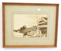 T J C, monogrammed monotone watercolour, inscribed Riverside Cottages with Bridge at Henley on