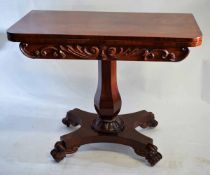 19th century mahogany fold-over card table with green circular and tooled leather insert supported