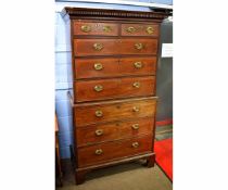 Georgian mahogany and marquetry inlaid chest on chest with dentil work cornice, the top fitted