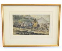19th century English School, watercolour, Figures with horse and cart, 17 x 29cms