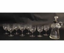 Set of six cut glass wine glasses, two smaller examples, together with a thistle shaped cut glass