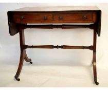 Georgian mahogany sofa table with ebonised banding fitted with two drawers with pressed brass knob