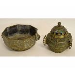 Chinese heavy cast bronze octagonal bowl with grotesque mask handles, the panels to the outer
