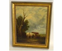 In the manner of Edward Robert Smythe oil on panel, Horses by a tree, 53 x 41cms